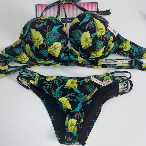 Victoria's Secret Leaf Print Bikini - Black & Yellow Sz 36DD bombshell / L NWT